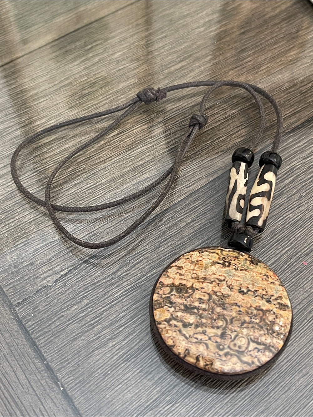 Vintage Handcrafted Adjustible Cord Neckkace with Stone Medallion & Tribal Beads